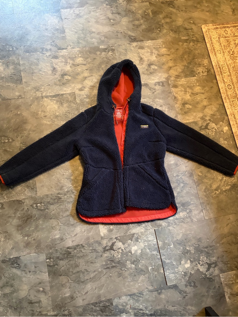 L.L. Bean women’s Navy Sherpa Hoodie with Red Lining